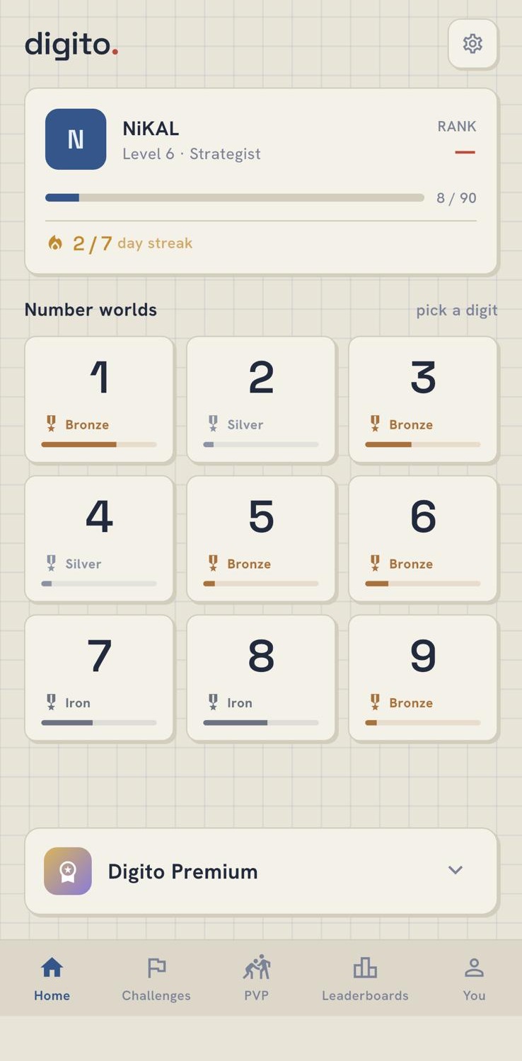 digito running on a phone — the nine number worlds home screen